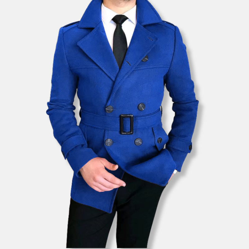 Men's short coat – Wool blend – Tailored fit – Double-breasted closure – Waist belt
