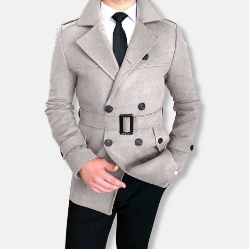 Men's short coat – Wool blend – Tailored fit – Double-breasted closure – Waist belt