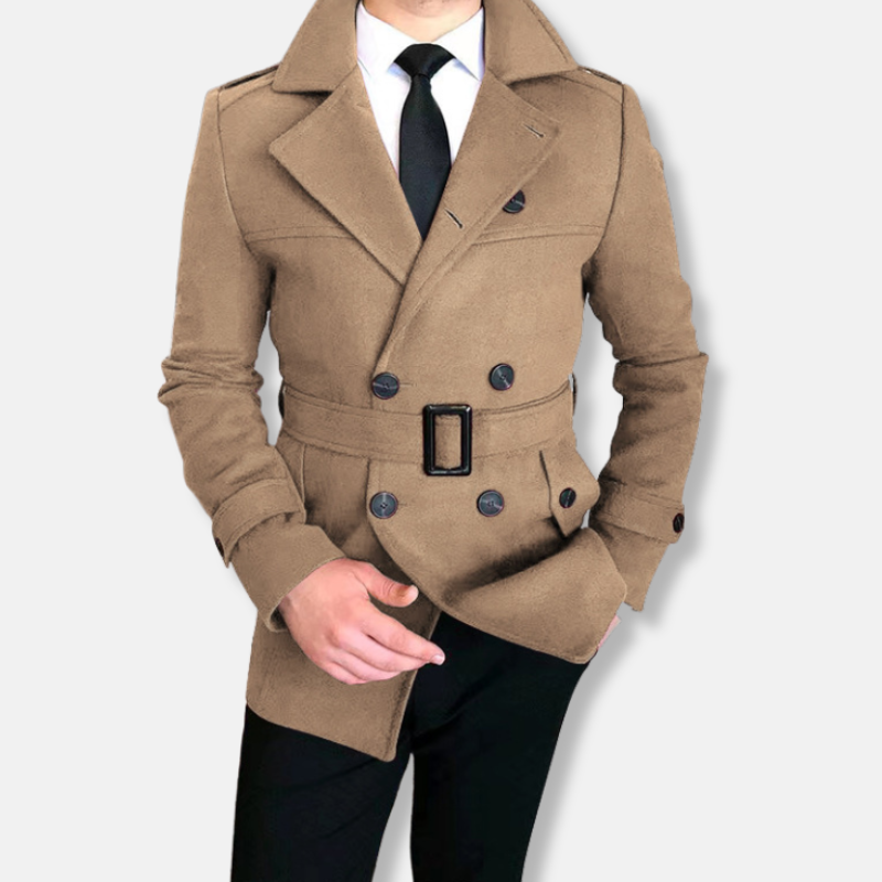 Men's short coat – Wool blend – Tailored fit – Double-breasted closure – Waist belt