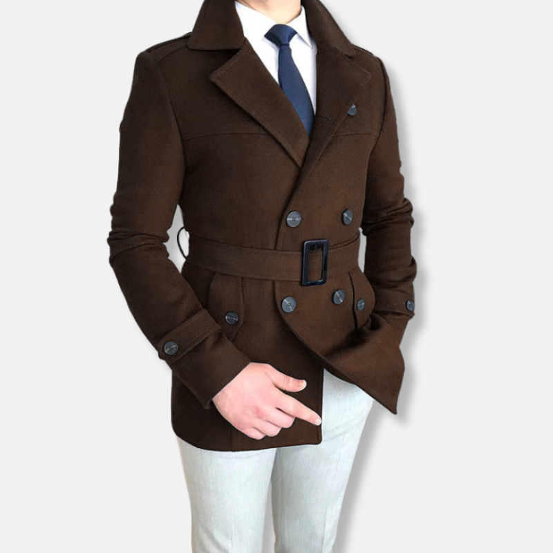 Corin wool tailored short coat – heren korte mantel met double‑breasted sluiting en tailleband, front view