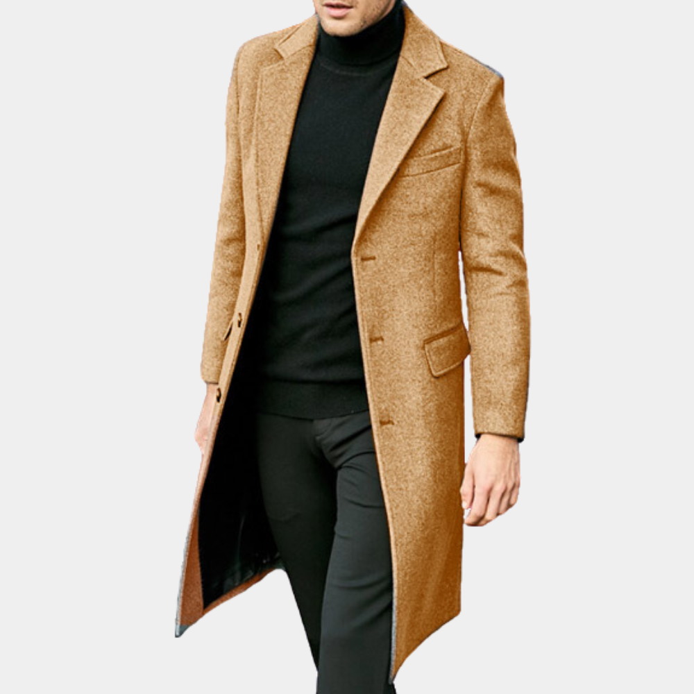 Corwin wool trenchcoat – heren trenchcoat van wolmix met tailored fit, single-breasted en notch lapel, front view