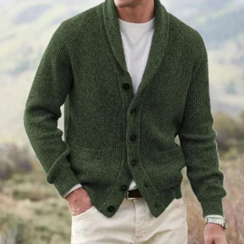 Eldon shawl collar cardigan – heren wol cardigan met sjaalkraag, getailleerde pasvorm en knoopsluiting, front view